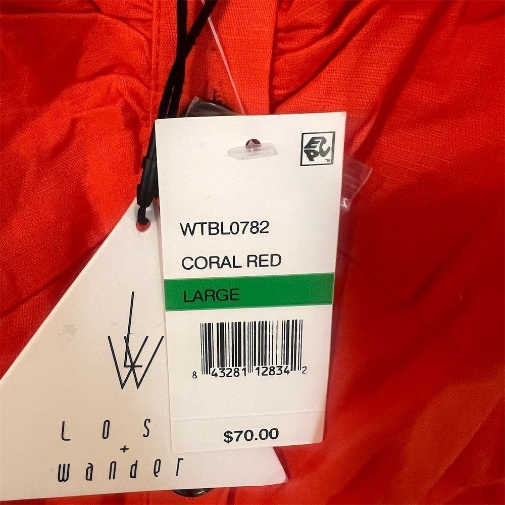 Lost + Wander Coral Red Linen Blend Button Front Smocked Crop Top WTBL0782 Large - Picture 4 of 6